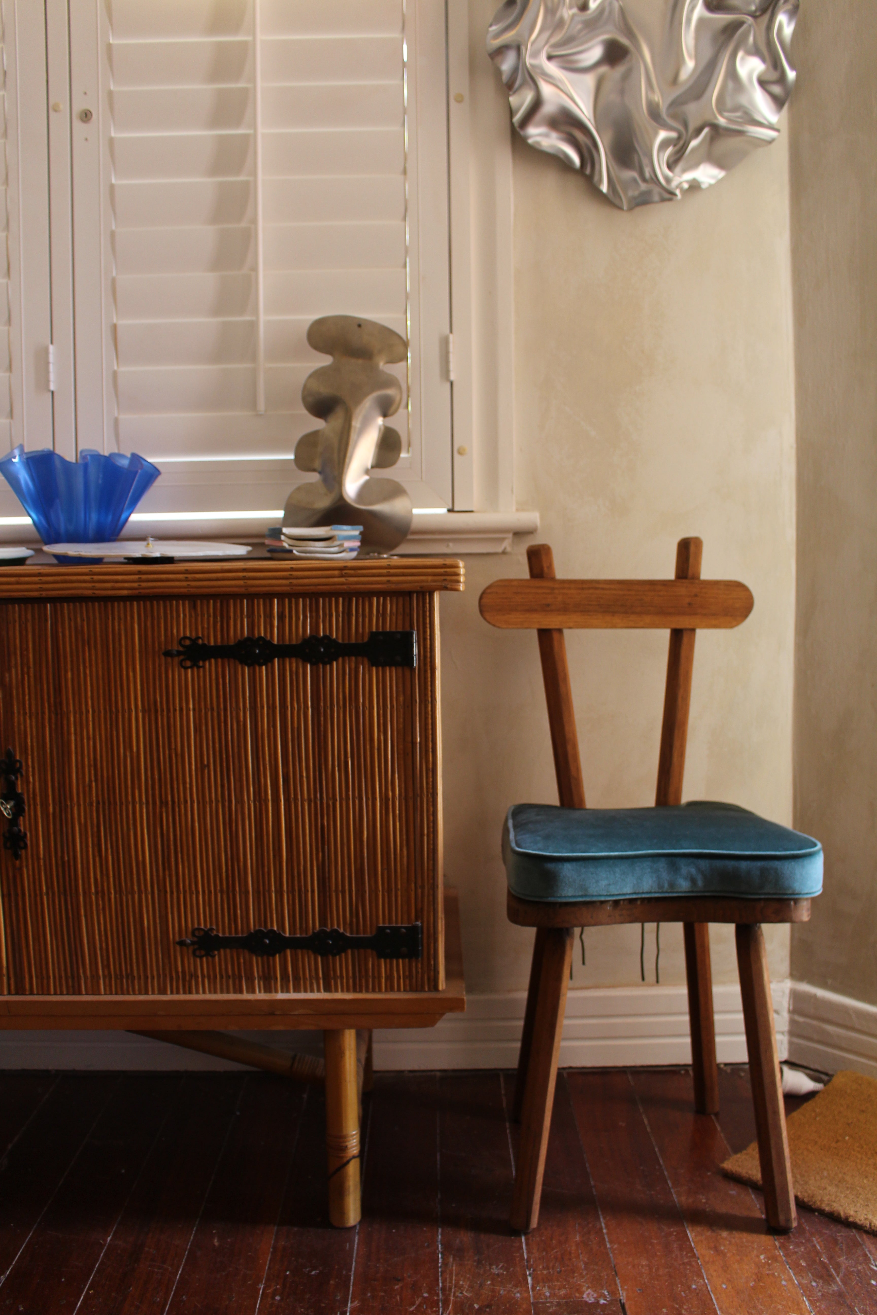 French Brutalist Chair with Teal Cushion