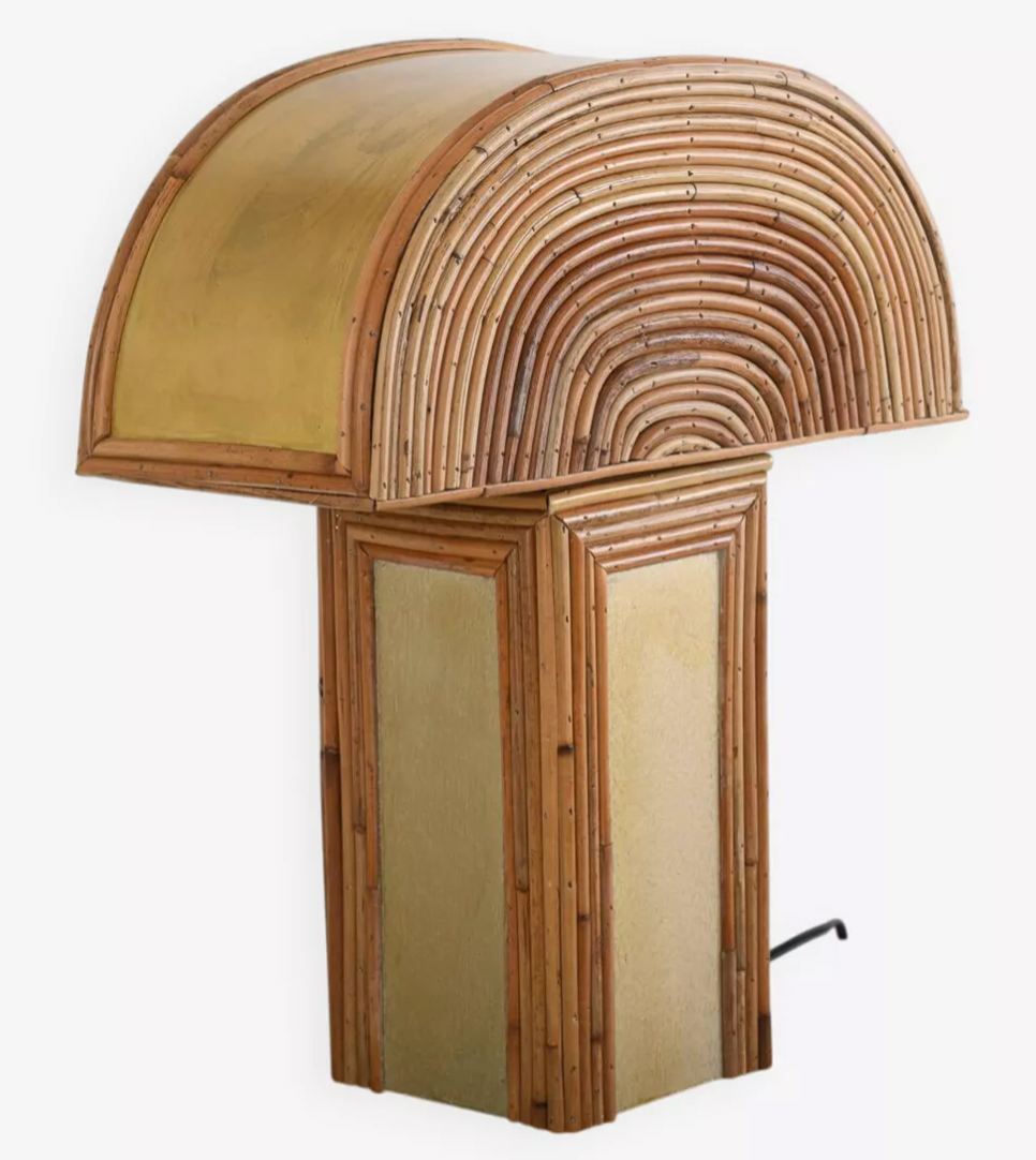 Brass and rattan table lamp