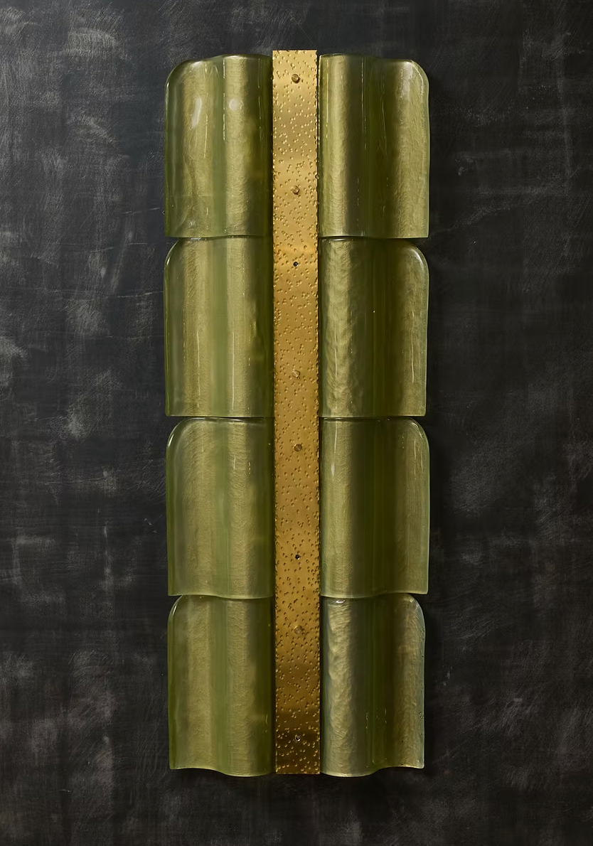 Tall Wavy Brass and Green Murano Glass Wall Light