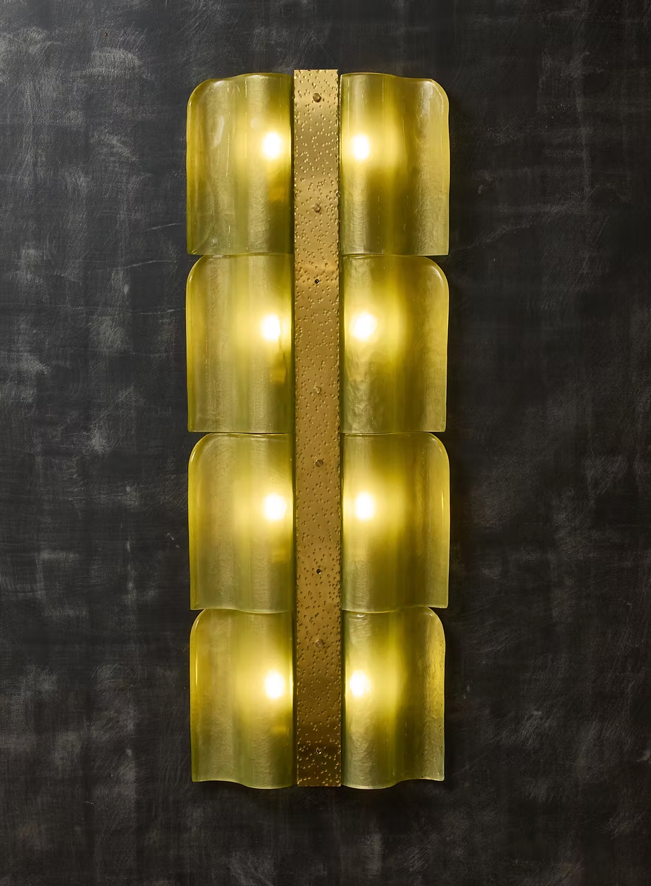 Tall Wavy Brass and Green Murano Glass Wall Light
