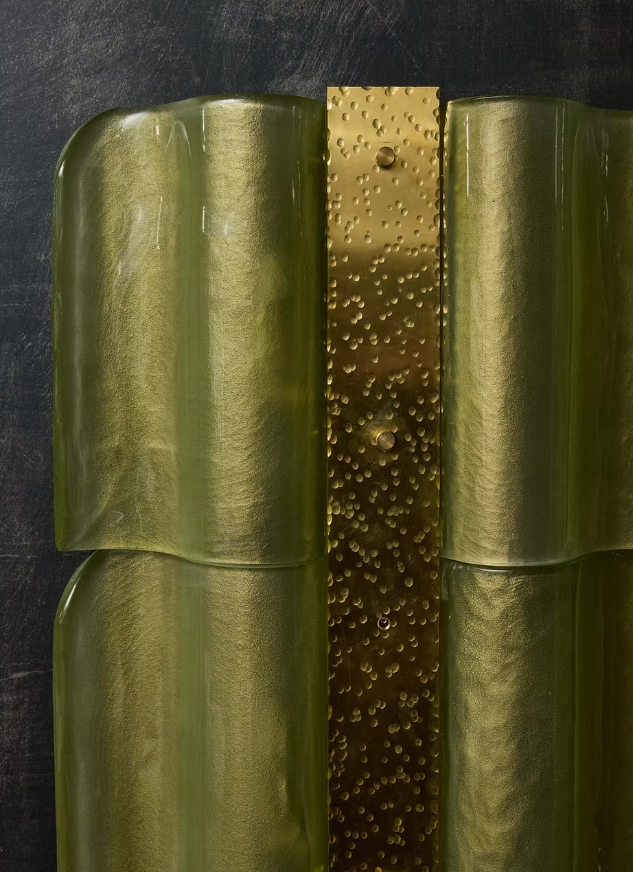 Tall Wavy Brass and Green Murano Glass Wall Light
