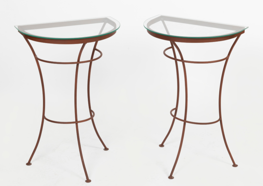 Pair of antique glass and iron side tables