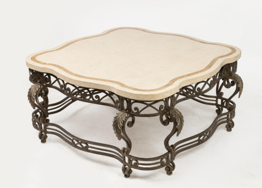 Antique travertine stone metal framed coffee table