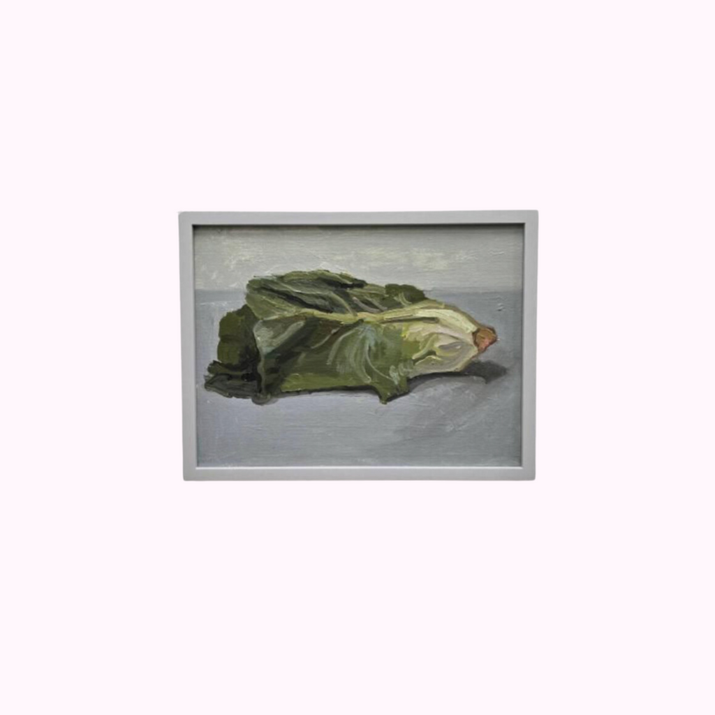 “Lettuce Still Life” by Ella Holme, framed oil on board