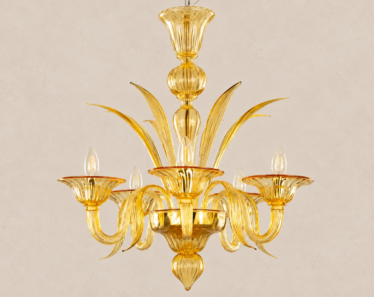 Amber artistic Murano glass chandelier on pale stone background