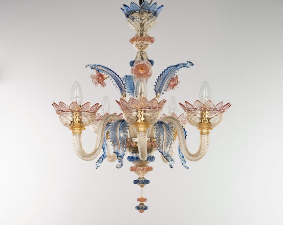 Blue and Pink Floral Murano Chandelier view 1