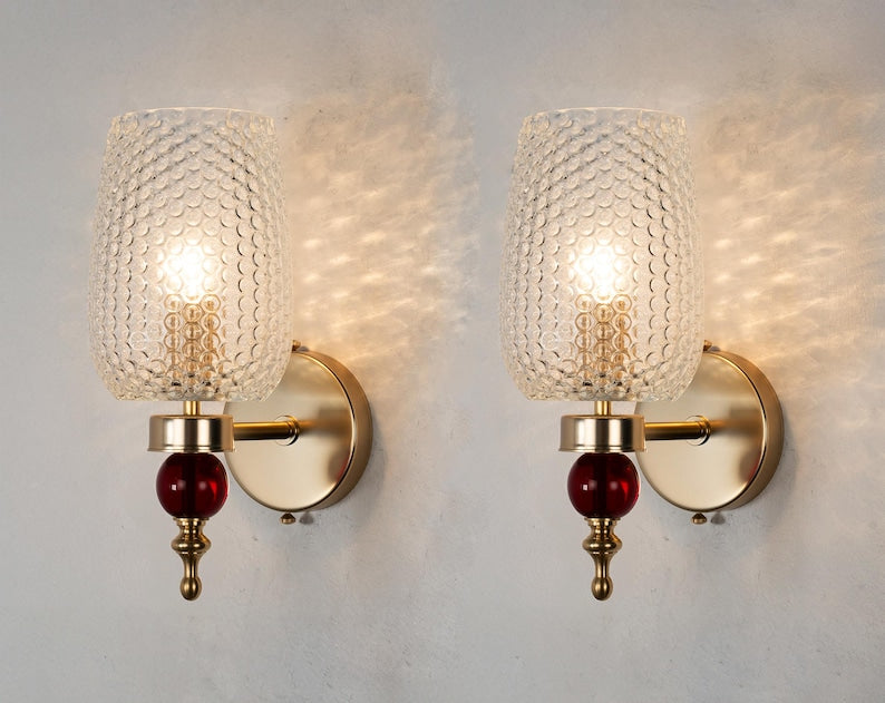 Red and gold Deco Murano sconce pair