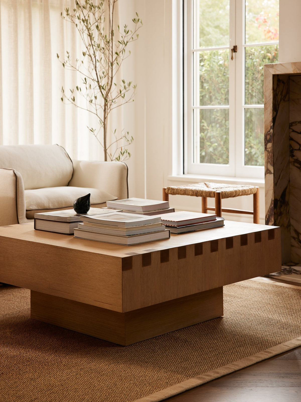 Dovetail Coffee Table styled with linen sofa