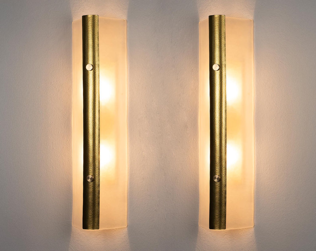 Pair of Tall Murano and Brass Sconces
