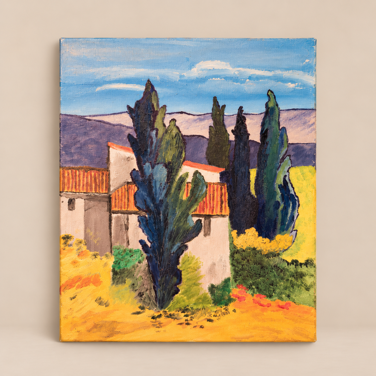 Naive Provençal Landscape, Oil on Canvas