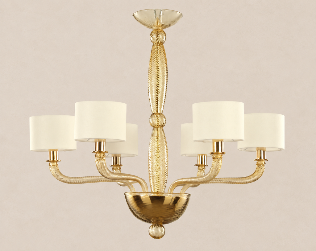 Murano glass chandelier with Italian lampshades on pale stone background