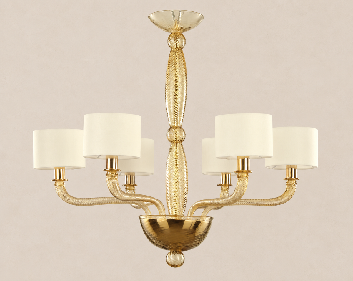 Murano glass chandelier with Italian lampshades on pale stone background