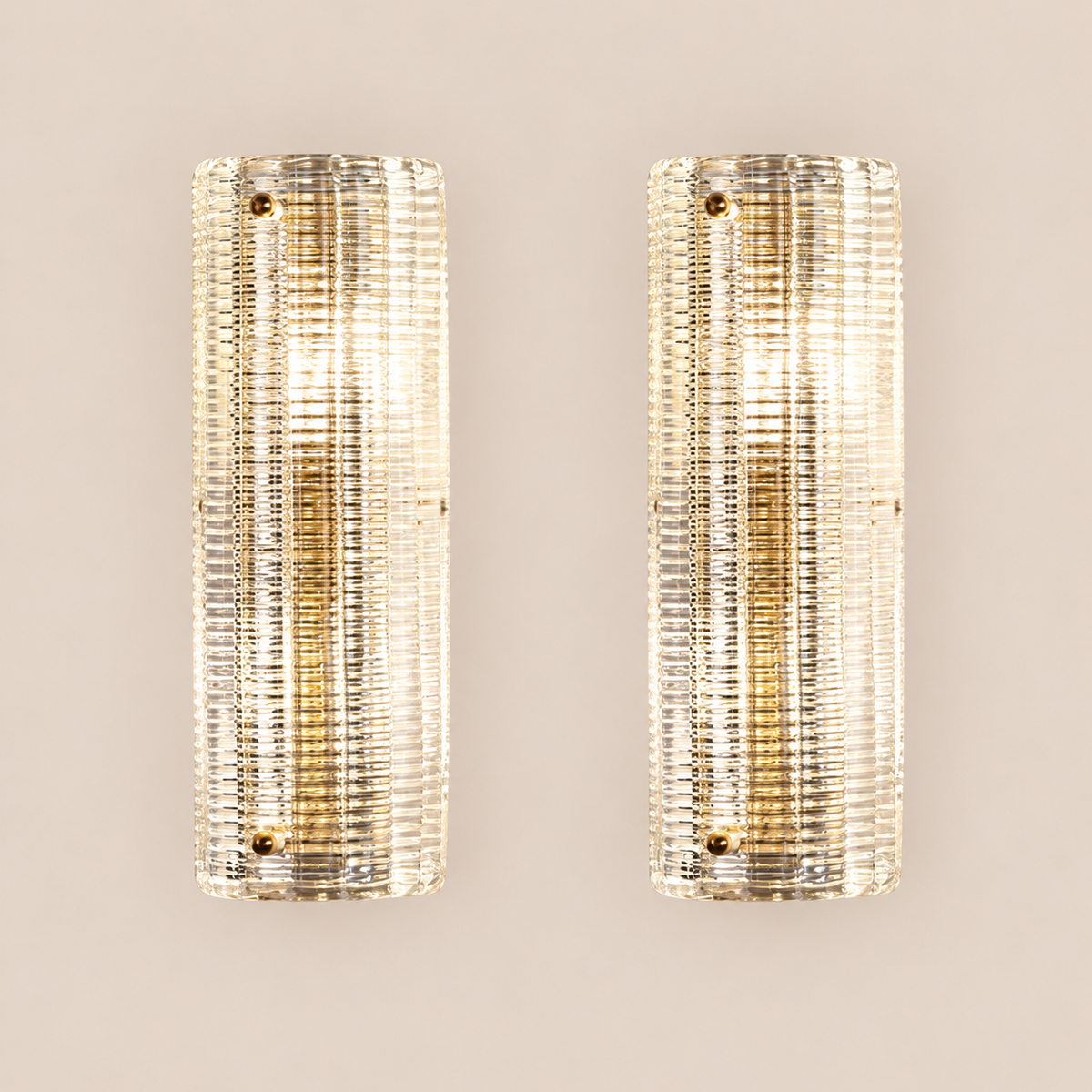 Pair of optical ribbed clear Murano glass wall sconces on stone background