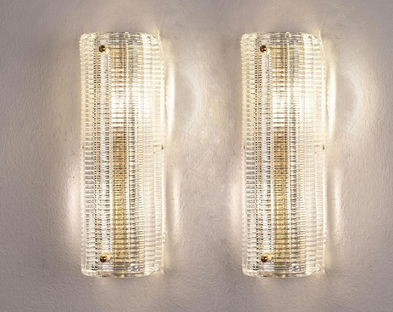 Pair of optical ribbed clear Murano glass wall sconces