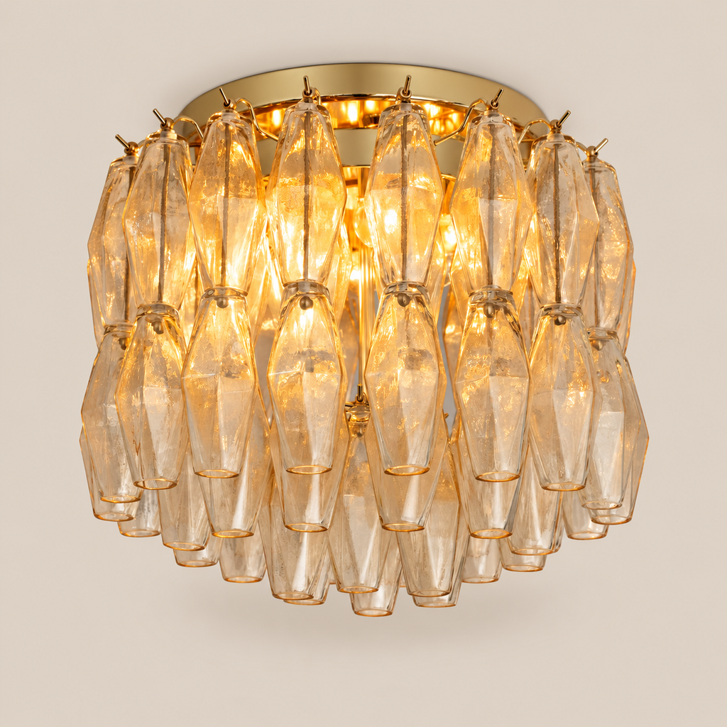 Champagne Polyhedron Murano glass flush ceiling light on stone background