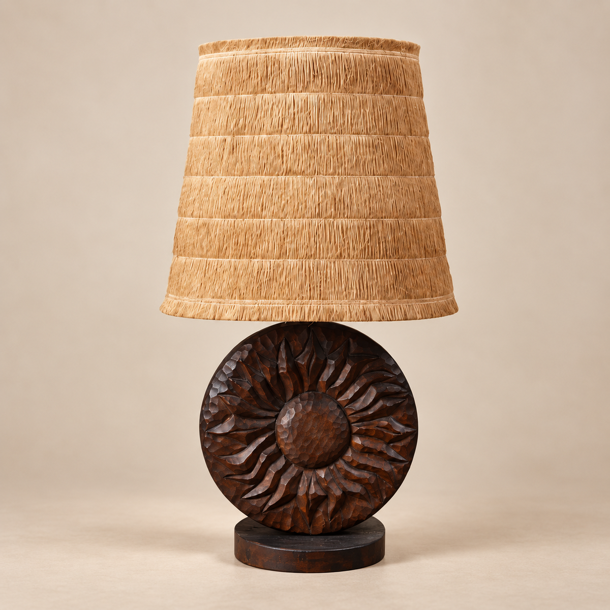 Delsinne Brutalist Wood & Raffia Table Lamp, Belgium, 1960s
