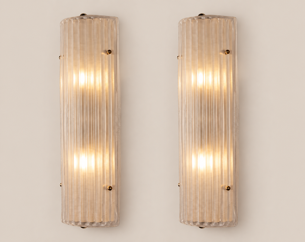 Ribbed frosted Murano glass wall sconces, pair, on warm stone