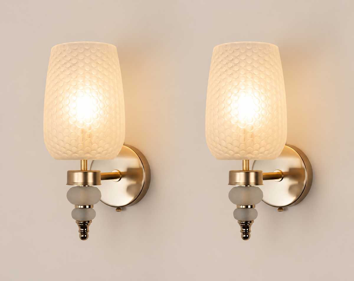 Satin Murano glass sconces, pair, on stone background