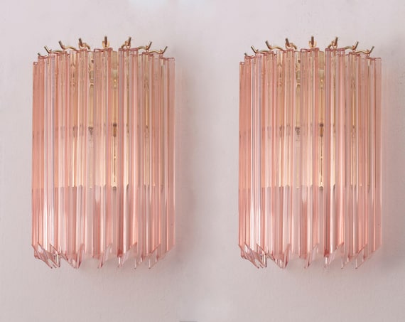 Murano Glass Wall Sconces (set of 2) Pink Vintage Style - Faceted Prisms image 1