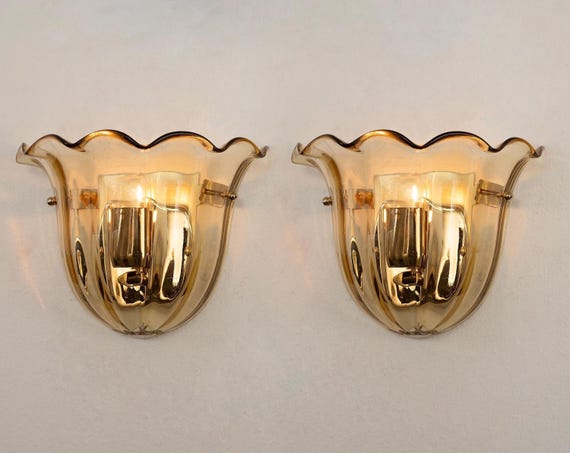 Murano Glass Wall Lamps: Pair of Amber Handmade Sconce from Italy, supplier photograph 1