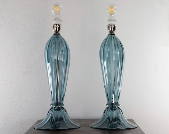 Murano Glass Table Lamps, Avio Blue, Venetian Design, Handmade Pair, supplier photograph 1