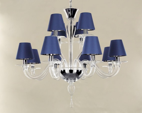 Venetian Murano Chandelier with Blue Silk Shades — 12 Lights original supplier photograph 1