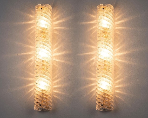 Elongated Clear Grit Murano Wall Sconces with Brass Frames — Pair original supplier photograph 1