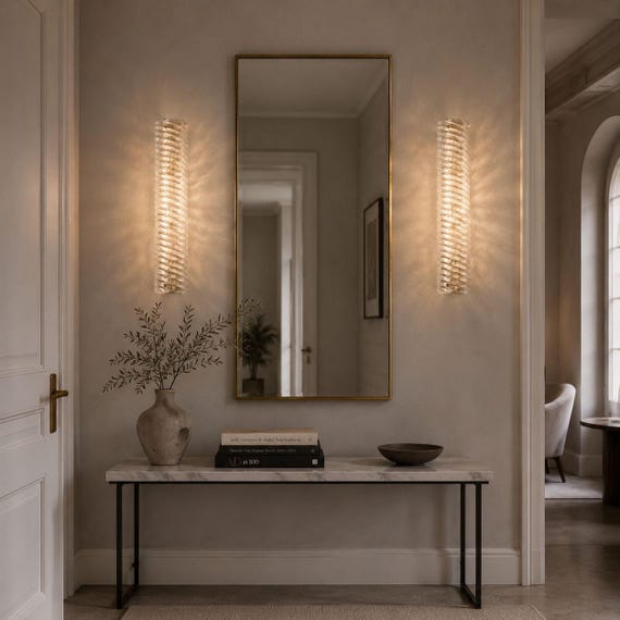 Elongated Clear Grit Murano Wall Sconces with Brass Frames — Pair original supplier photograph 2