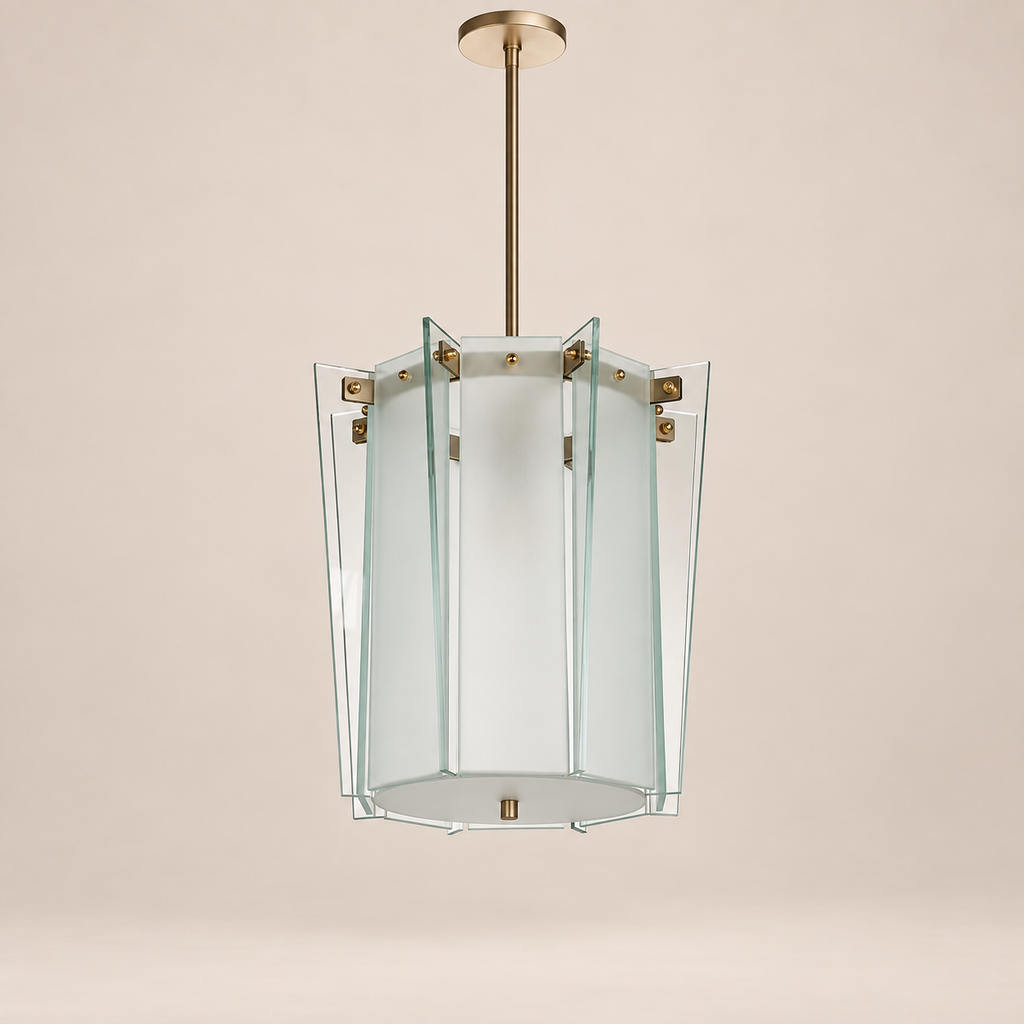 Sculptural clear and frosted Murano glass suspension light on stone background