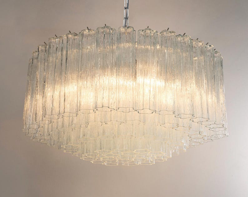 Three tier clear Tronchi Murano glass chandelier