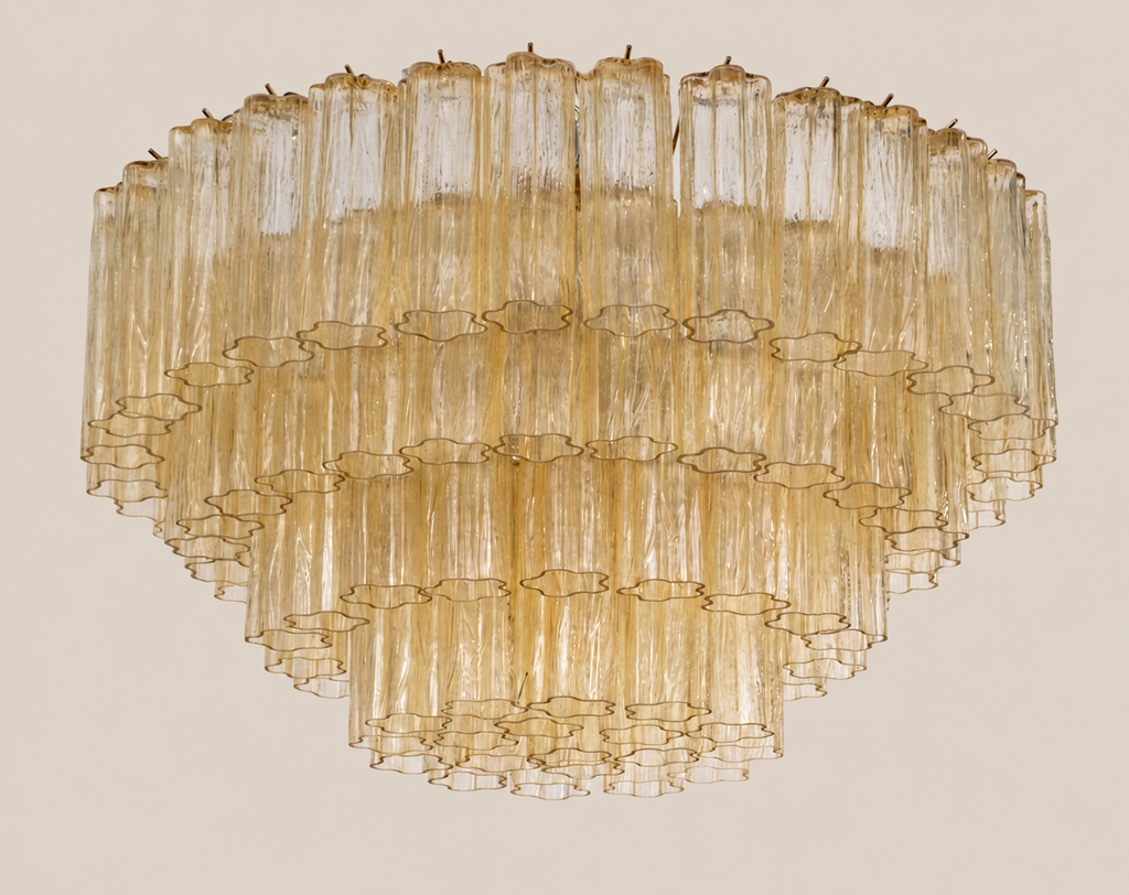 Four tier champagne Tronchi Murano glass ceiling light on stone