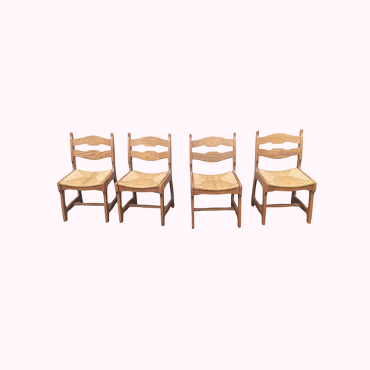 Set of 4 Guillerme et Chambron Oak and Rush Chairs