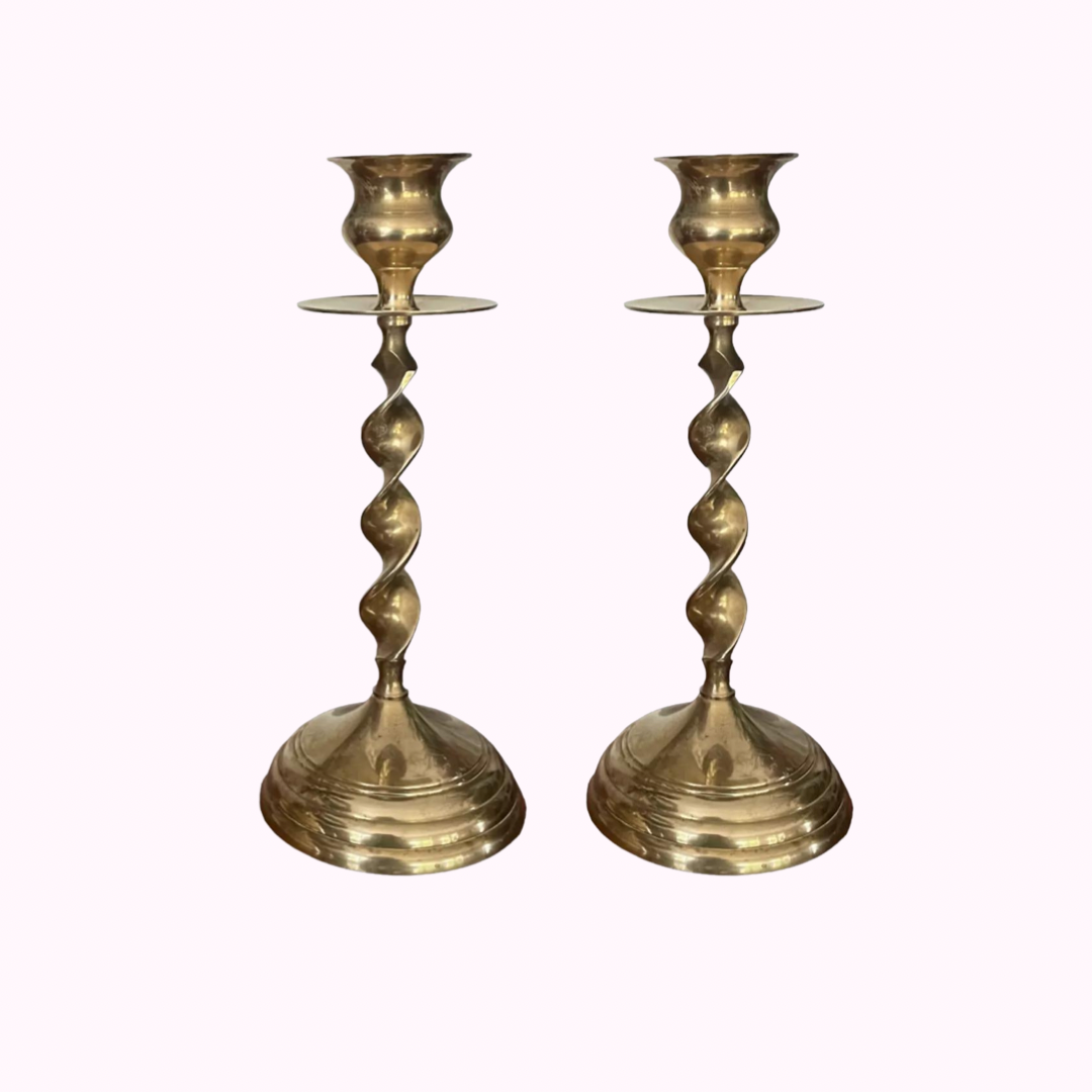 Pair of Antique French Twist Brass Candle Holders